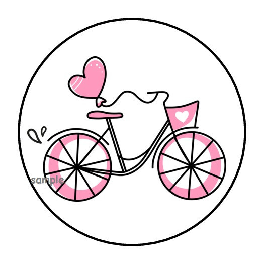 30 PINK BIKE WITH HEARTS ENVELOPE SEALS LABELS STICKERS 1.5″ ROUND LOVE