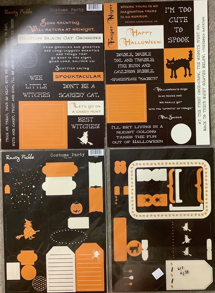 Rusty Pickle Halloween Costume Party sets 4 sheets Scrapbooking Tags Scary RARE
