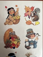 VTG AGC Stickers Thanksgiving Lot of 2 Sheets Critters Turkey Pilgrims Pumpkins