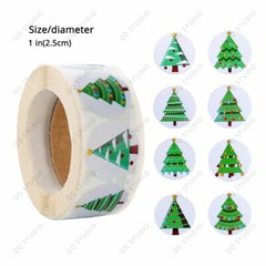 500pcs/roll 1in 8 Designs Green Christmas Tree Stickers Round Shape Chrome Paper