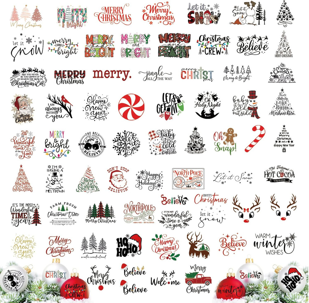71Pcs Christmas Word Decals Rub on Transfer Stickers for Crafts Vinyl Waterproof