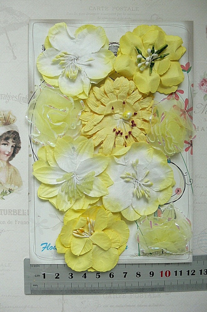 YELLOW LEMON & WHITE Mix 6 Styles = 9 PAPER & SILK Flowers 40-55mm across VE2 MH