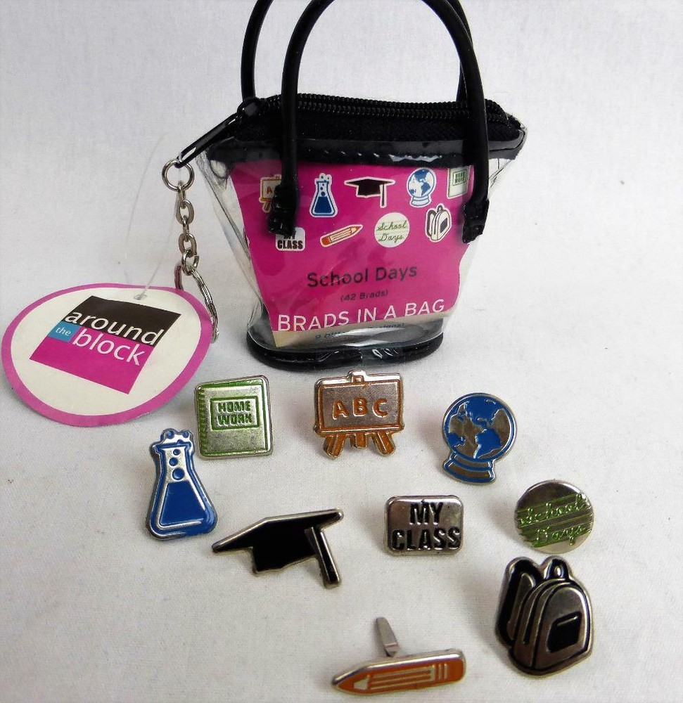 School Days Brads in Bag 42 Pieces 9 Designs Graduation Pencil Globe Book Bag +