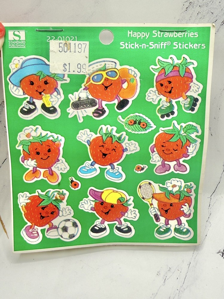 Vintage 1996 Standard Publishing stick-n-sniff stickers Happy Strawberries
