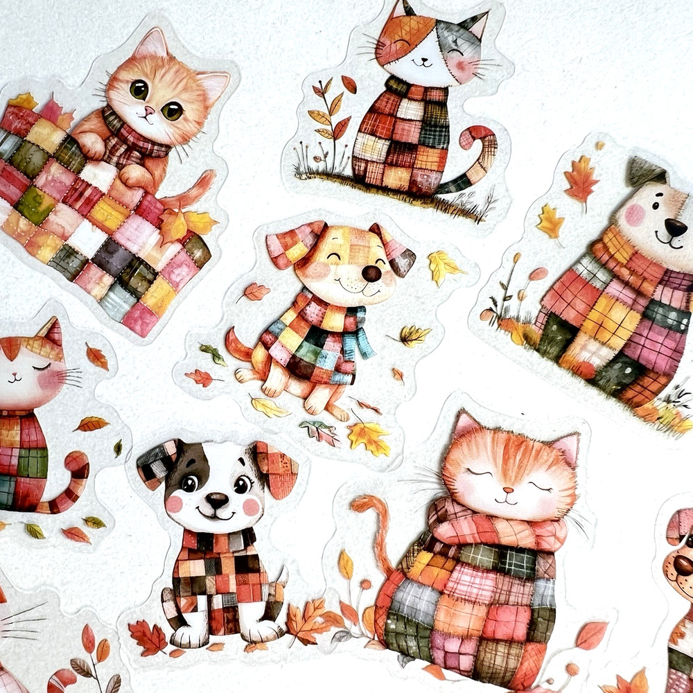 Cozy Fall Patchwork Dog Cat Stickers Junk Journals Collage Scrapbooking