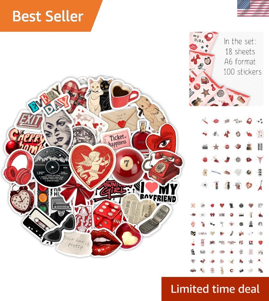 100Pcs Vintage Red & Black Aesthetic Stickers – Perfect for Journals & Laptops