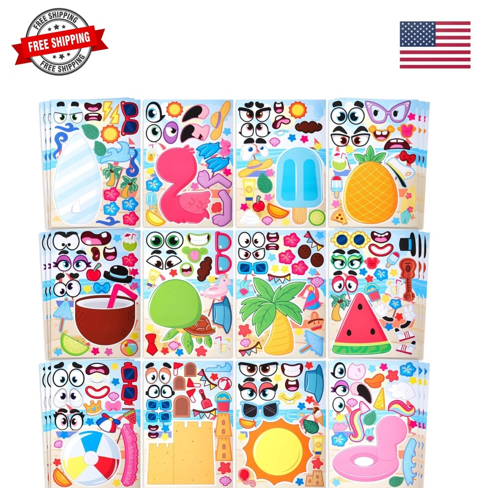 36 Pcs 9″x6″ Summer Make a face Stickers for Kids, Make Your Own Hawaii Pool …