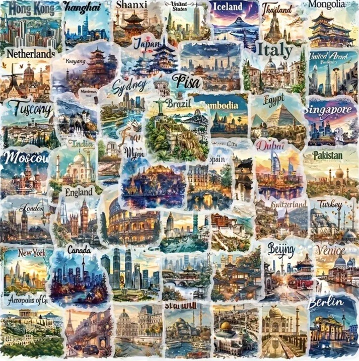 10pcs World Travel Country Stickers- Scrapbook, Journal, DIY Crafts- Clear Back
