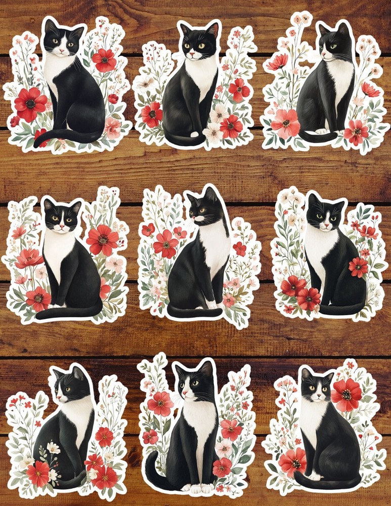 Tuxedo Cat in Flowers Vinyl Stickers Set Scrapbooking Laptop Waterbottle