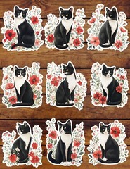 Tuxedo Cat in Flowers Vinyl Stickers Set Scrapbooking Laptop Waterbottle