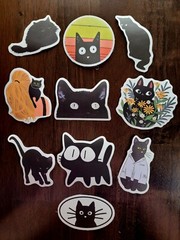 STICKERS x 10 Black Cats Kitten Cartoon Flower Daisy Cat Kitty Face FEBD4