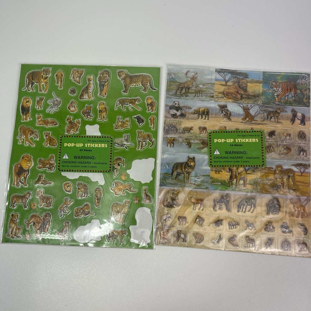 Pop Up Stickers Jungle Animals Safari Puffy Vintage Lion Tiger Gorilla See Note