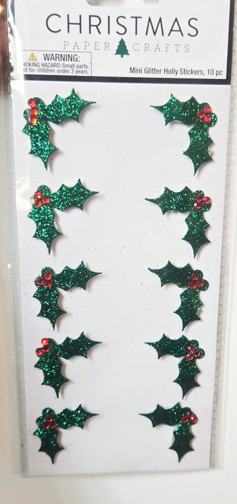 Christmas Paper Crafts MINI GLITTER HOLLY 10pc Dimensional Stickers, NEW