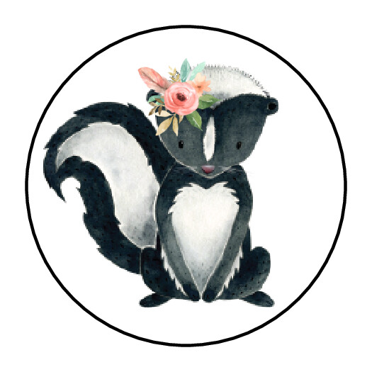 30 1.5″ WOODLAND ANIMAL GIRL SKUNK BABY SHOWER FAVOR LABELS ROUND STICKERS