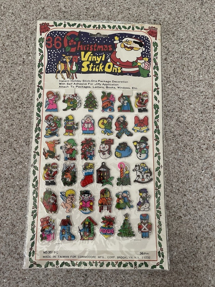 36 CHRISTMAS VINYL STICK ONS Vintage 1980’s Puffy Stickers Bradford Novelty MX0