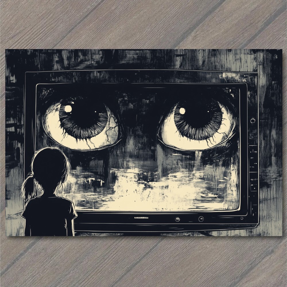 STICKER Girl Staring TV Set Haunted Eyes Look Child Black Horror Creepy Weird