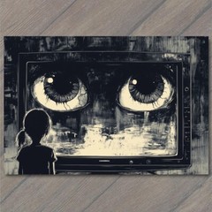 STICKER Girl Staring TV Set Haunted Eyes Look Child Black Horror Creepy Weird