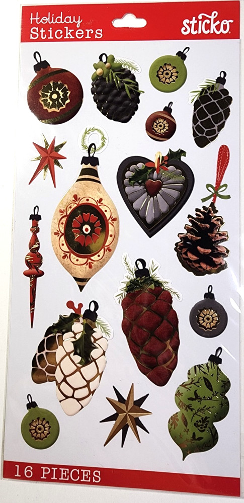 Metallic Christmas Ornaments 3D Sticko Stickers – Embossed Foil Pinecones 16pc