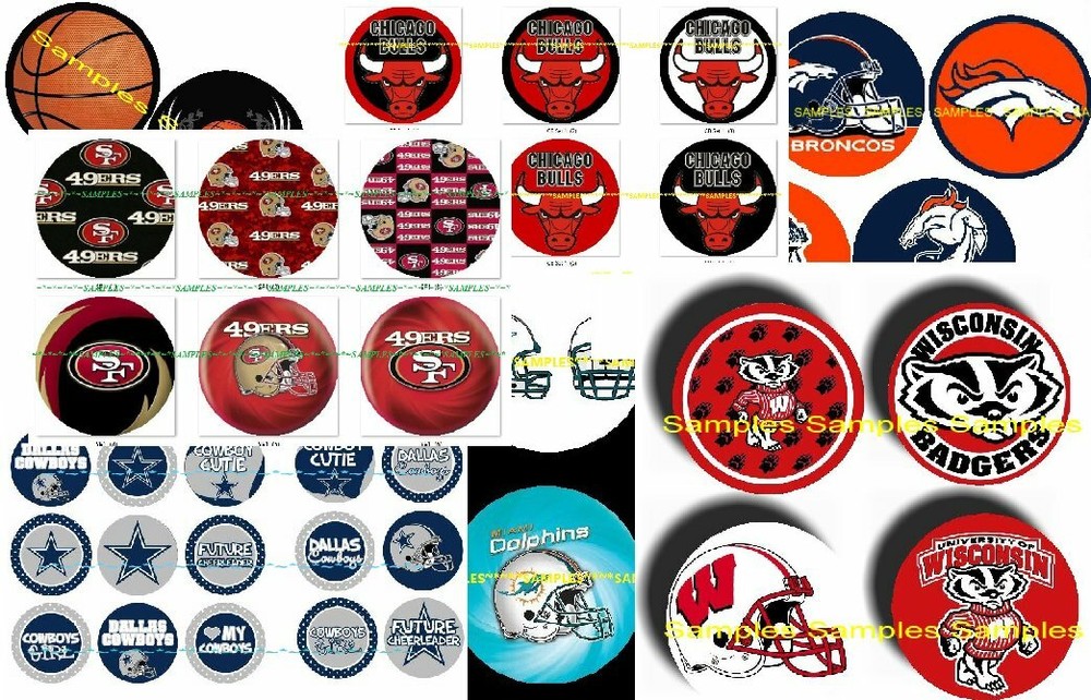 12- Football Basketball Hockey Muffin Cake Toppers Scrapbook BottleCap ST
