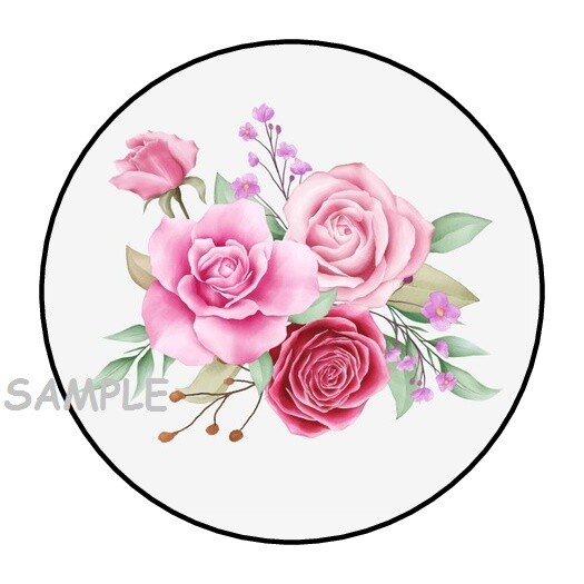 30 ROSES ENVELOPE SEALS LABELS STICKERS 1.5″ ROUND FLOWERS FLORAL GIFTS PINK RED