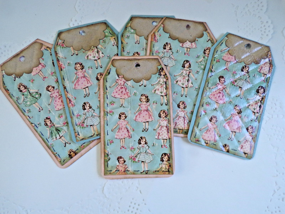 Paper quilted tags vintage inspired handmade set of 6