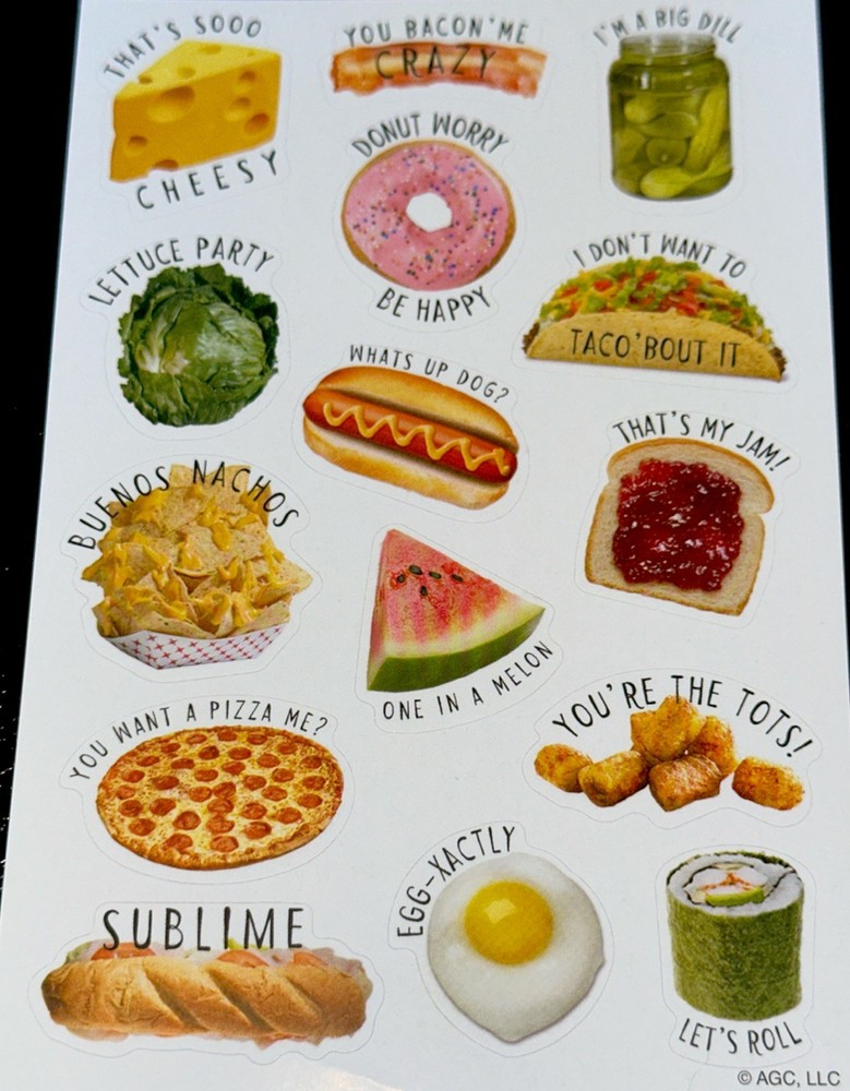 FOOD SNACKS STICKERS✨🧀🥓🥬🌮🌭🍉🍕🥚✨6” X 4”✨EGGXACTLY✨DONT WOORY BE HAPPY✨😋💫