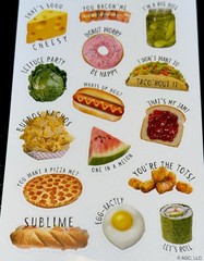FOOD SNACKS STICKERS✨🧀🥓🥬🌮🌭🍉🍕🥚✨6” X 4”✨EGGXACTLY✨DONT WOORY BE HAPPY✨😋💫