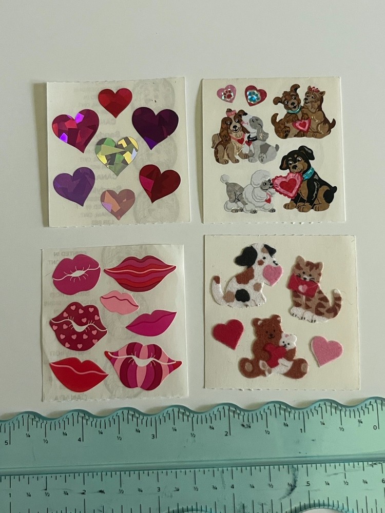 Vintage Sandylion Lot Of 4 Mods Hearts Valentines Stickers love Fuzzy Glitter