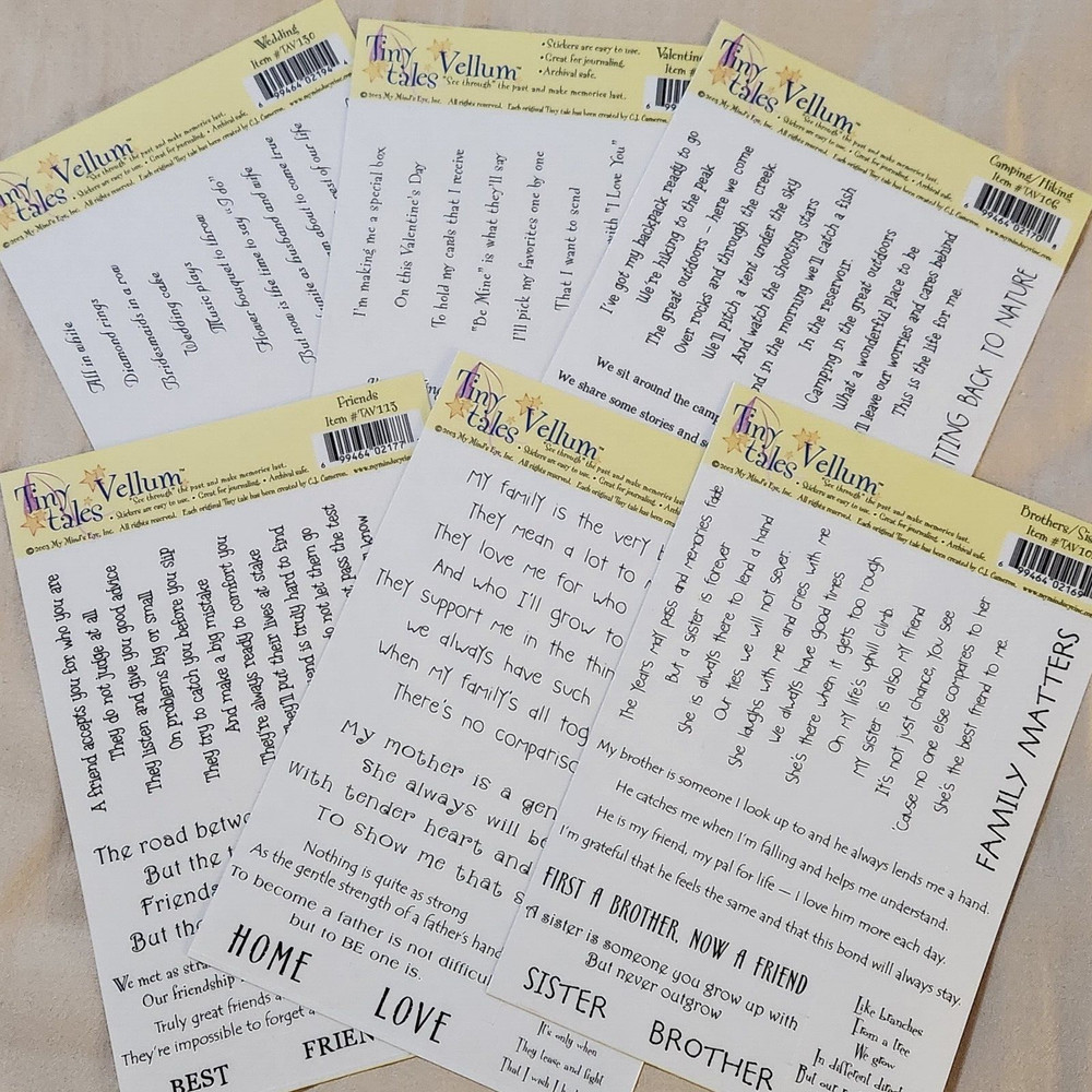 NEW Lot 6 MME Tiny Tales Vellum Sticker Quotes Sayings Family Love Wedding -C