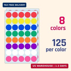 1000 Pack, 1 inch – Colored Round Circle Dot Stickers, Garage Yard Sale Price St