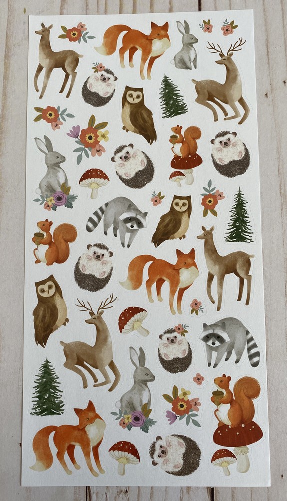 Stickers Woodland Animals Matte Finish Paper Raccoon Hedgehog Owl Deer Squirrel