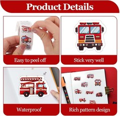 500 Pcs Fire Truck Stickers Roll Waterproof Fireman Firefighter Party Favor Gift