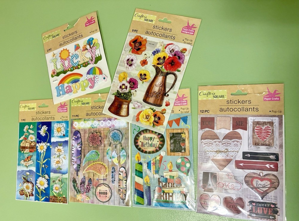 Crafters Square Sticker Lot – 6 Pkgs – Pop-Up Stickers Flowers Hearts Birthday