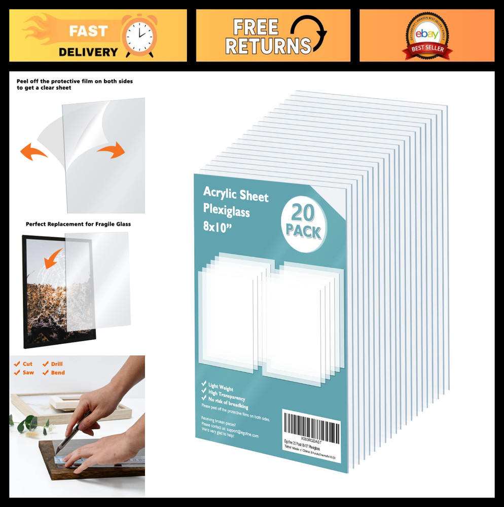 20 Pack 8×10″ Clear Acrylic Sheets 0.04″ Thick – Crafting, DIY, Picture Frame Gl