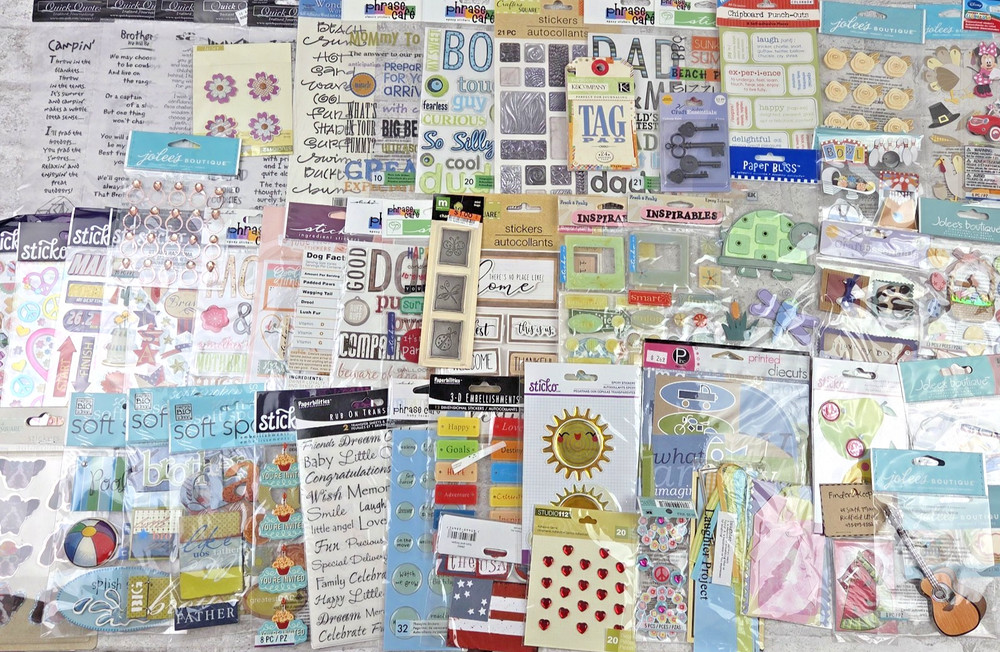Mixed Lot Of 60 Pkgs NEW Scrapbook Embellishments Stickers Rub Ons Tags