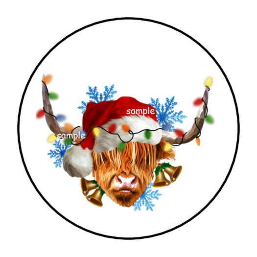 30 CHRISTMAS HIGHLAND COW STICKERS ENVELOPE SEALS LABELS 1.5″ ROUND LIGHTS COWS