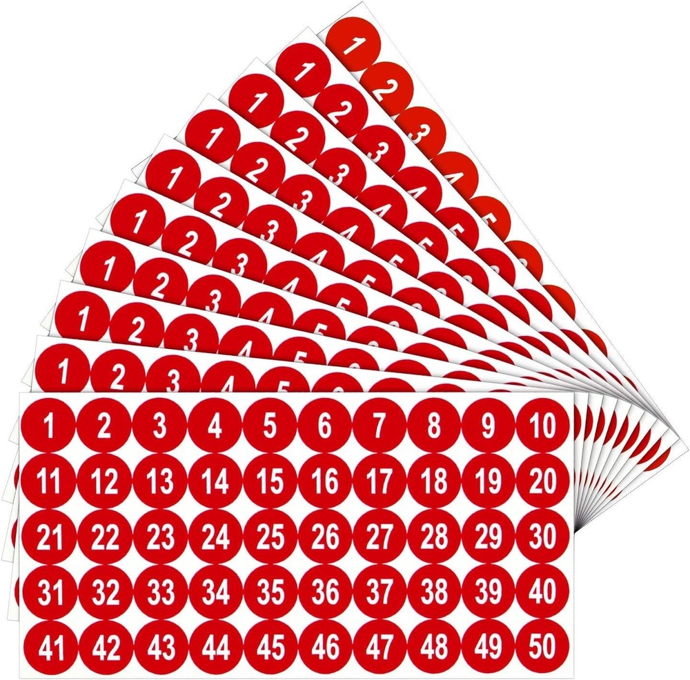10 Sheets 1-50 Vinyl Number Stickers 1 Inch Self-Adhesive Waterproof Red