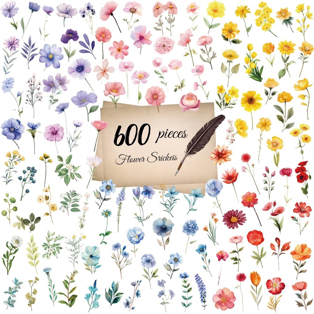 600Pcs Natural Flower Stickers,Self-Adhesive PVC Vintage Flower Stickers for Scr