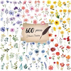 600Pcs Natural Flower Stickers,Self-Adhesive PVC Vintage Flower Stickers for Scr