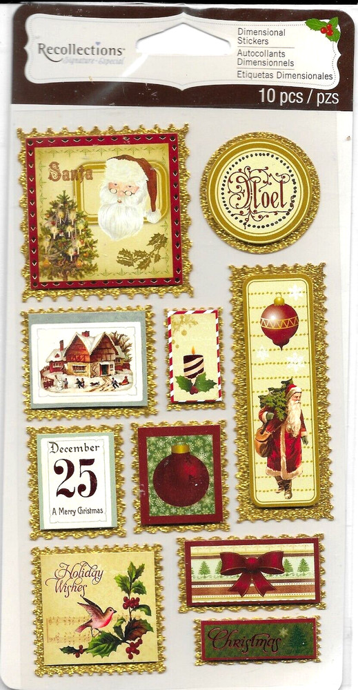 Christmas Noel Santa Holiday Merry Tree Vintage Gold Recollections Tag Stickers