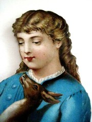 Adorable Large Vintage Die Cut of 1800’s Girl w/ Mother Deer & Fawn *