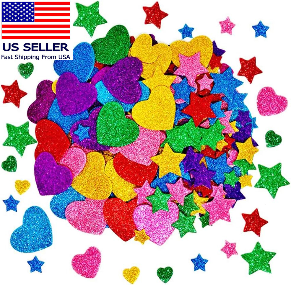 260 Pieces Colorful Glitter Foam Stickers Self Adhesive Stars Mini Heart Shapes