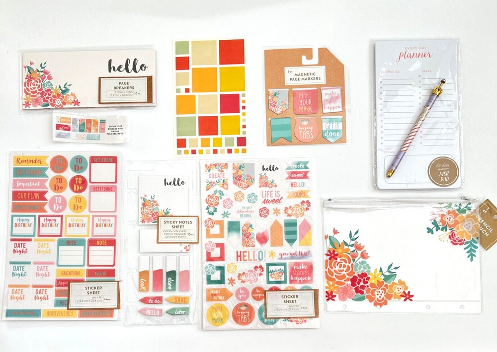 PLANNER KIT LOT Happy Summer Brights STICKERS PEN POUCH DIVIDERS STICKy NOTES
