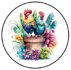 ROOSTER HEN ON FLOWER POT ENVELOPE SEALS LABELS STICKERS PARTY FAVORS