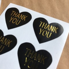 50 Heart Shaped Thank You Stickers On Glossy Black Paper With Gold Lettering