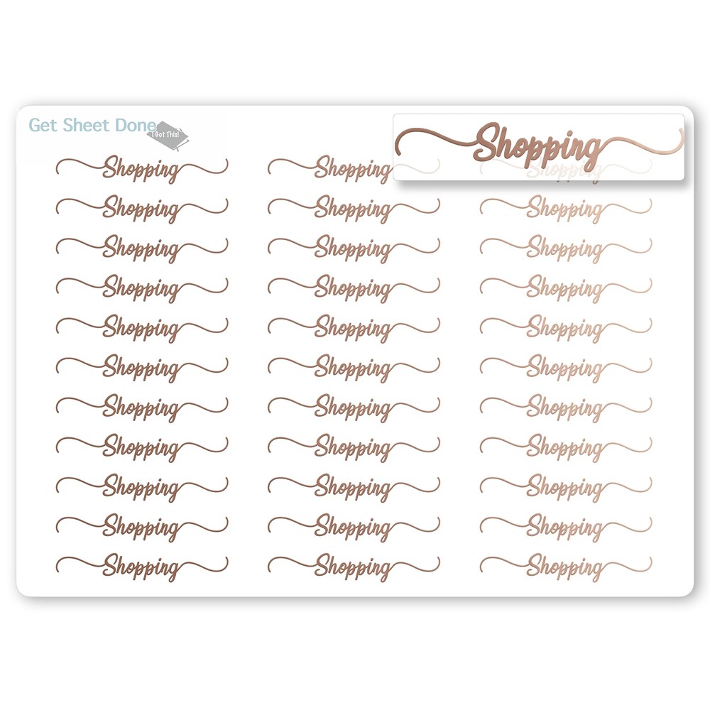 Shopping Script Planner Stickers / 30 ROSE Gold Foiled Text Headers (1.5”)