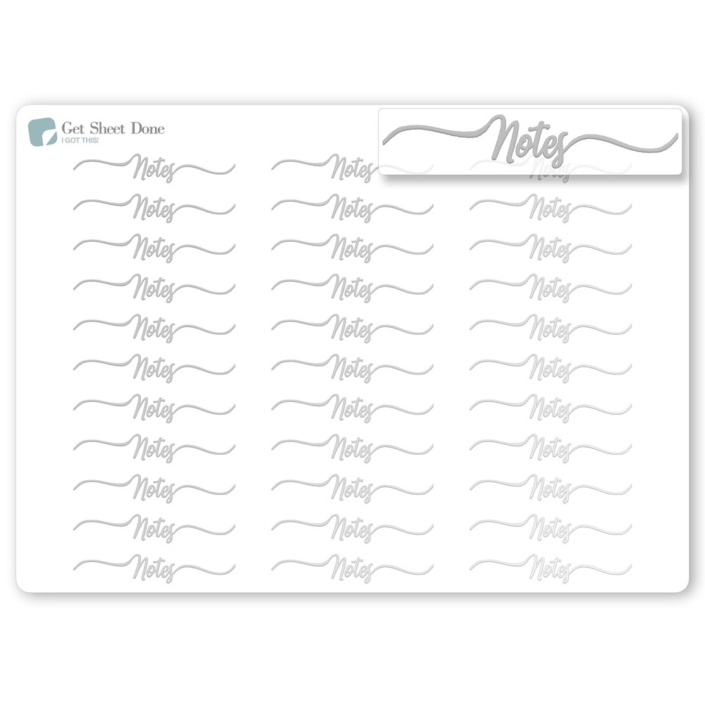 Notes Script Planner Stickers / 30 Gold Foiled Text Headers (1.5″) SILVER