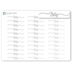 Notes Script Planner Stickers / 30 Gold Foiled Text Headers (1.5″) SILVER