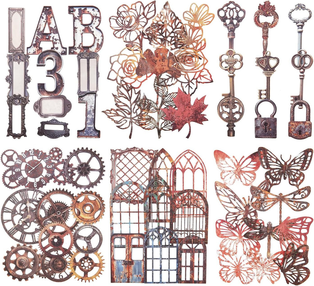 60PCS Industrial Vintage Sticker Set, Coated Paper Stickers with Rusty Gears, Ke