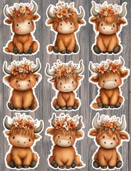 Floral Highland Cow Die Cut Vinyl Stickers Scrapbooking Laptop Waterbottle